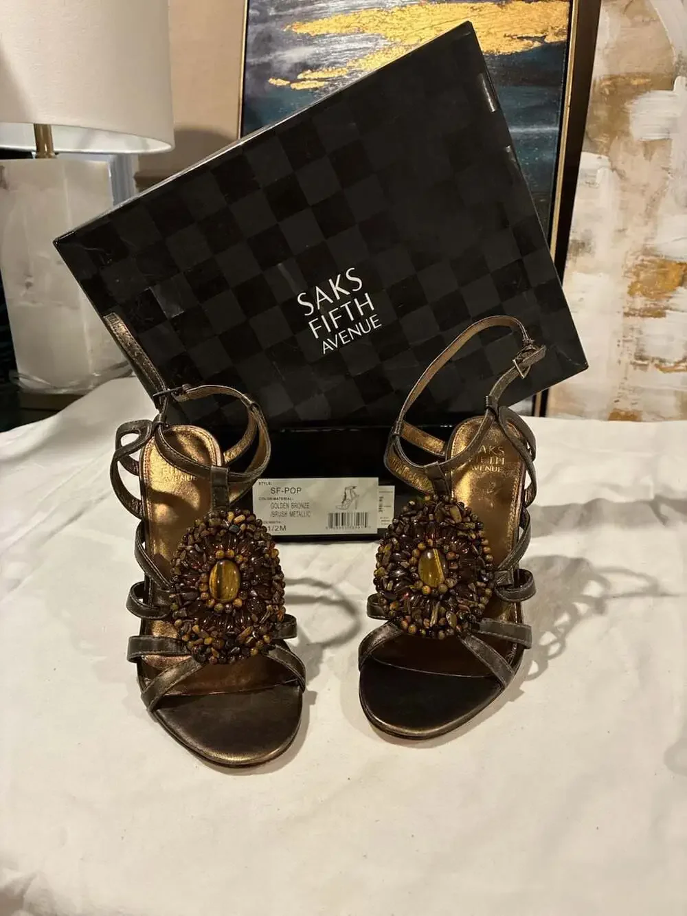 Saks Fifth Avenue SF-Pop Golden Bronze Brush Metallic Heeled Sandals Size 8.5M